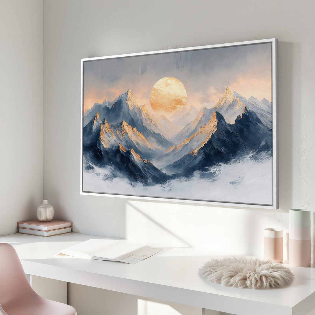 Framed Wall Art: Mountain landscape Canvas Print in blue and gold tones. Modern art for your home decor.