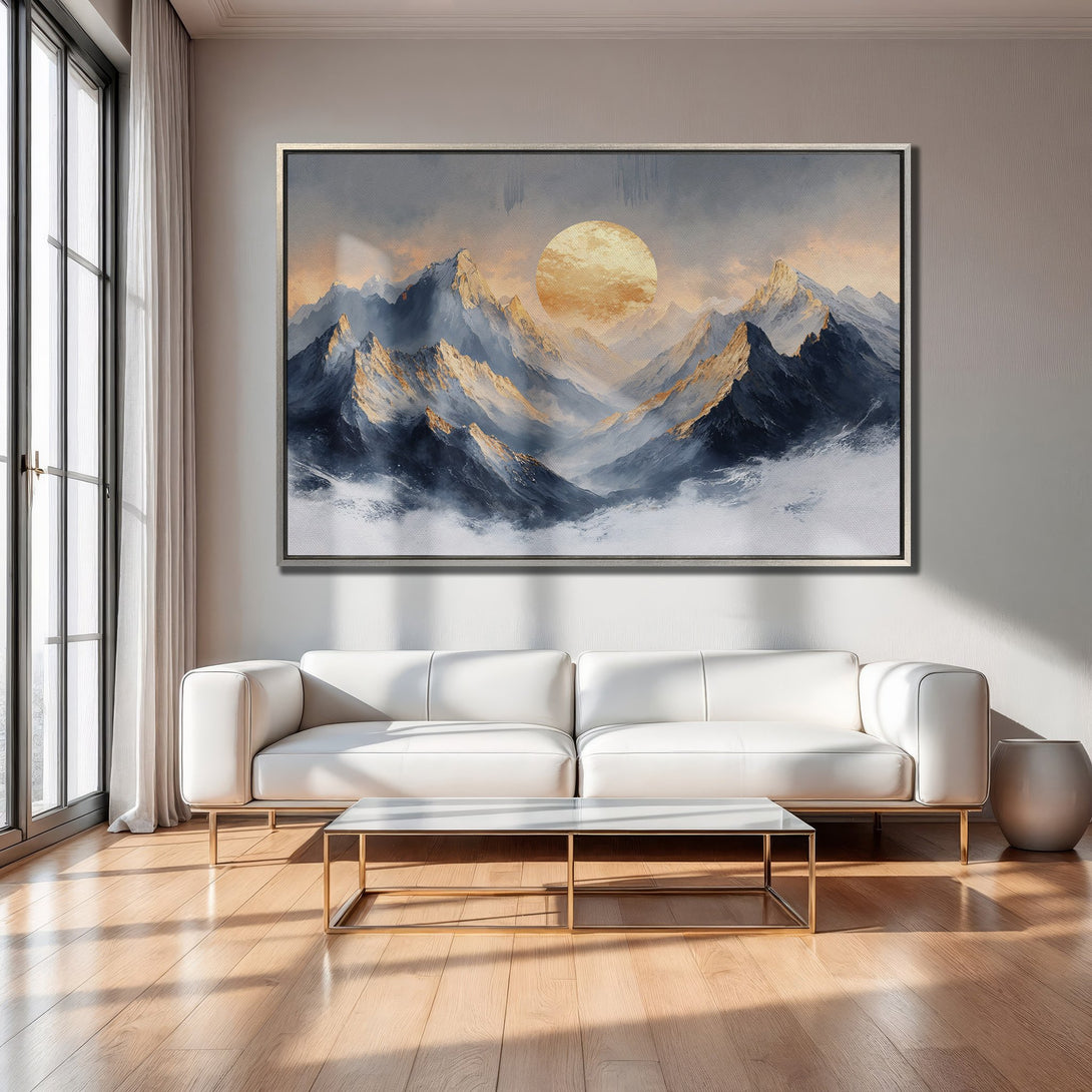 Framed Wall Art: Mountain landscape Canvas Print in blue, gold, and gray tones. Modern art for living room decor.