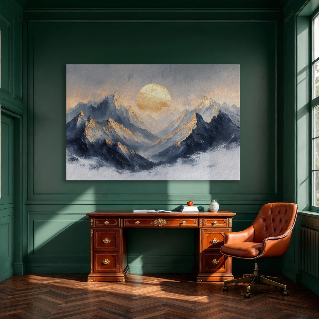 Framed Wall Art: Mountain landscape Canvas Print in a dining room. Blue, gold, and orange color palette. Modern abstract style.