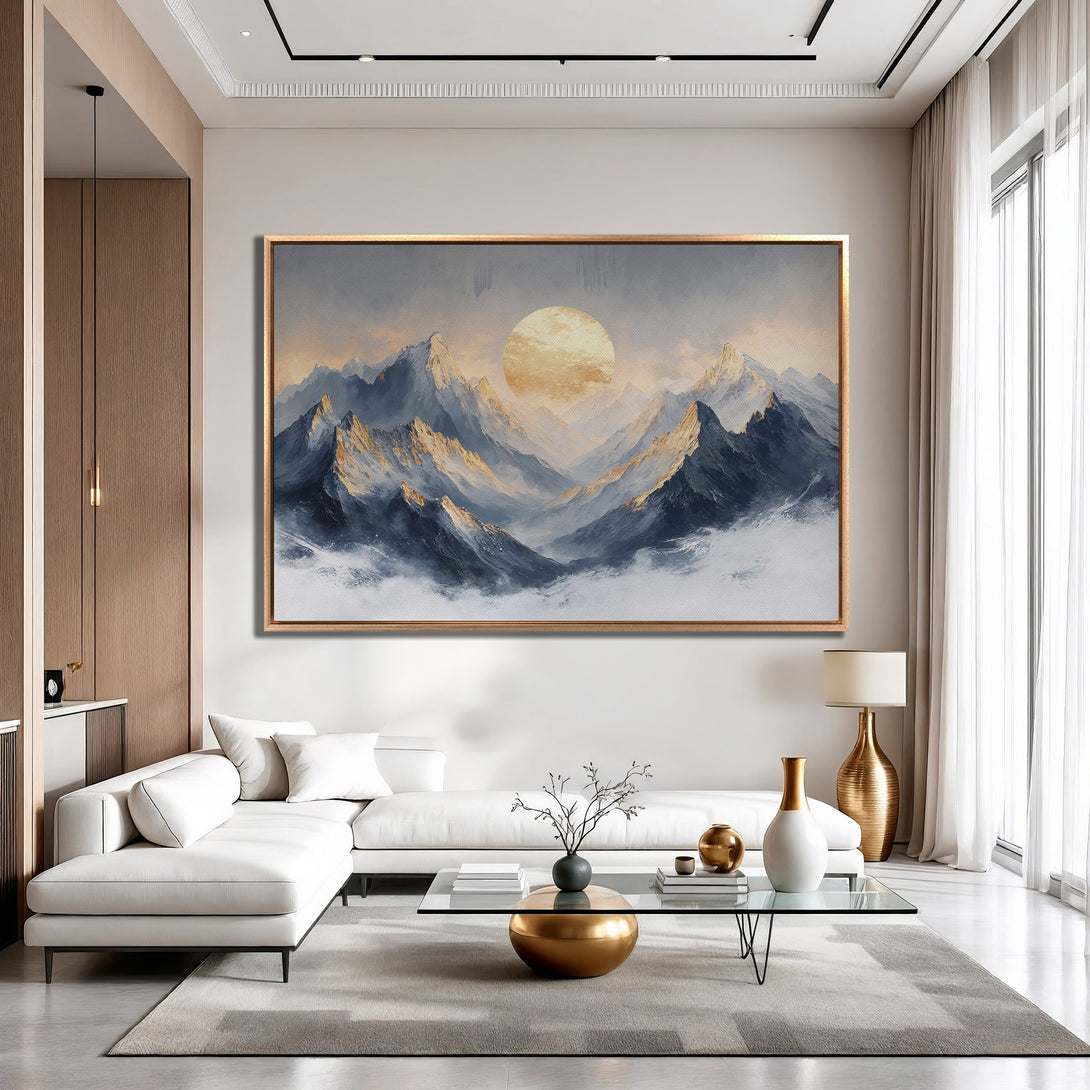 Framed Wall Art: Majestic mountain landscape Canvas Print in cool blues & golds. Elevate your space with this stunning artwork!