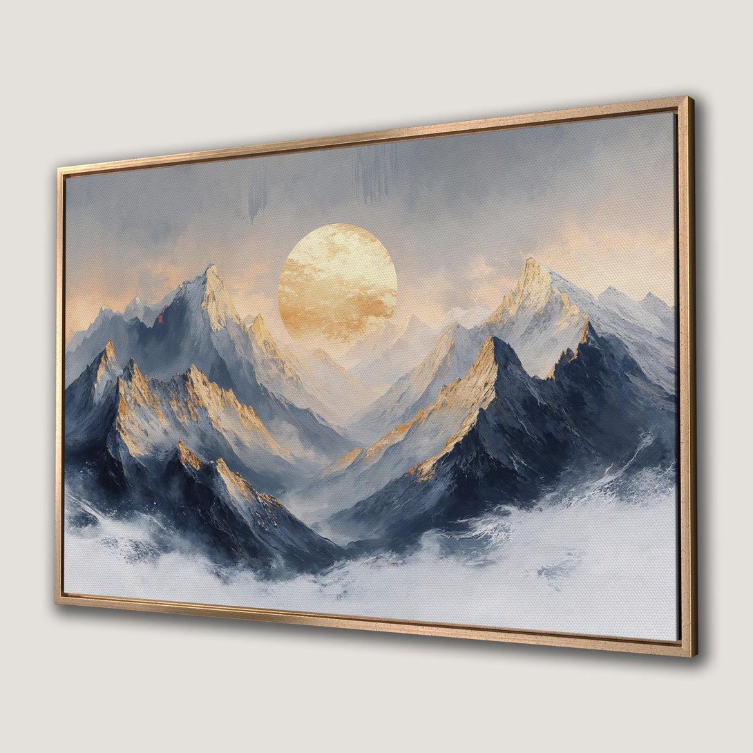 Framed Wall Art: Majestic mountain landscape Canvas Print in cool blues & warm gold. Elevate your space with this stunning artwork!