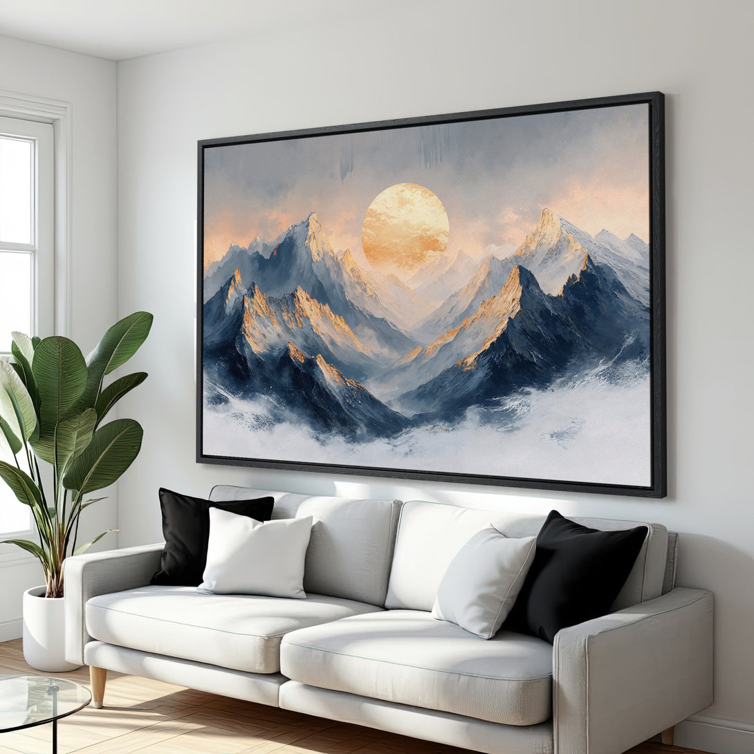 Framed Wall Art of majestic mountains with a golden sun. Stunning landscape art in blue, gold, and grey tones. Perfect for modern home decor.