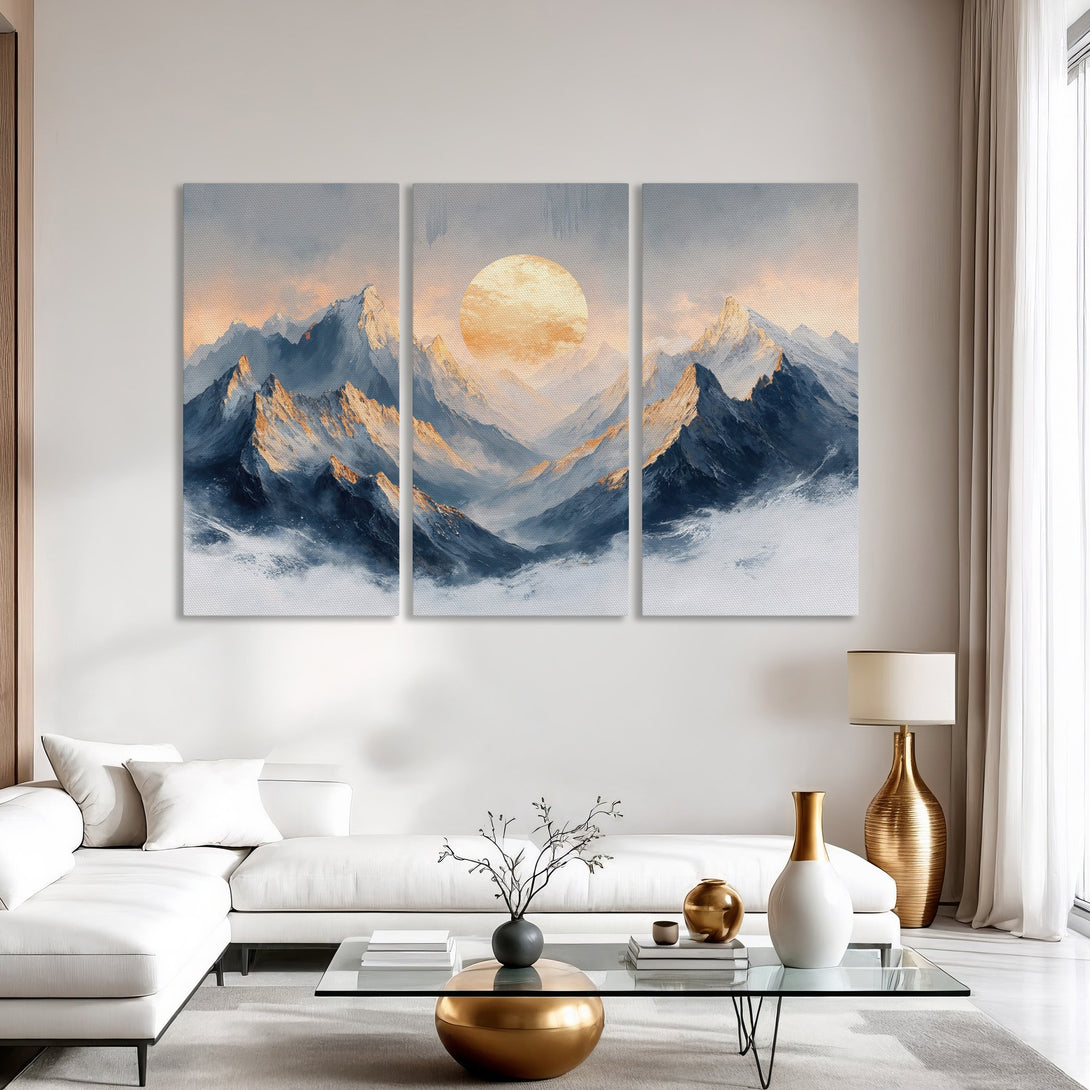 Canvas Print of a majestic mountain landscape in a cool blue and gold color palette, perfect for adding a touch of serenity to any space.
