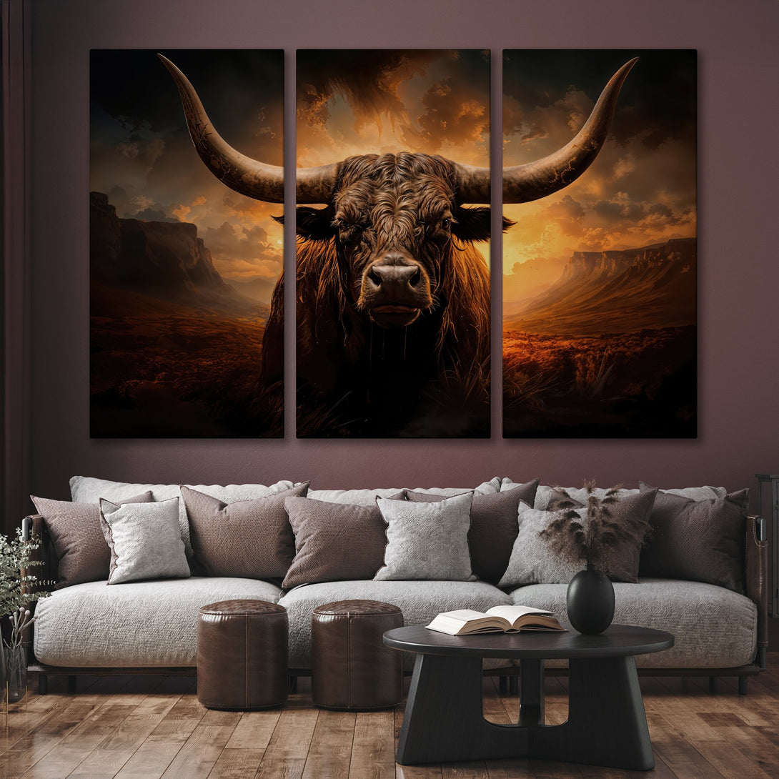 Canvas Print of a powerful bull against a dramatic sunset. Rustic style, warm brown and orange color palette. Perfect for modern home decor.