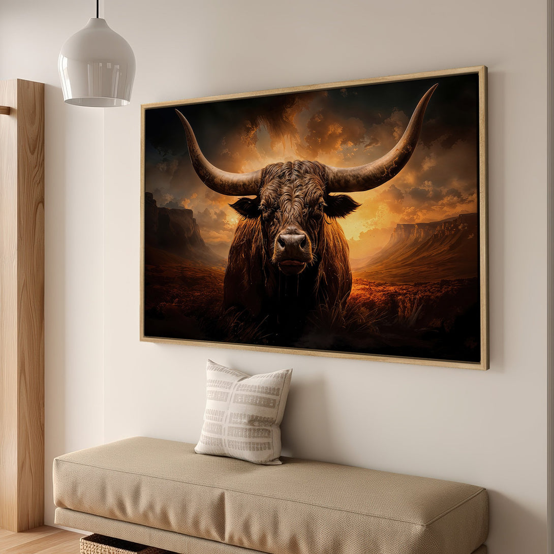 Framed Wall Art: Majestic bull canvas print in warm, earthy tones. Rustic style artwork perfect for living room decor. Add a touch of the wild!