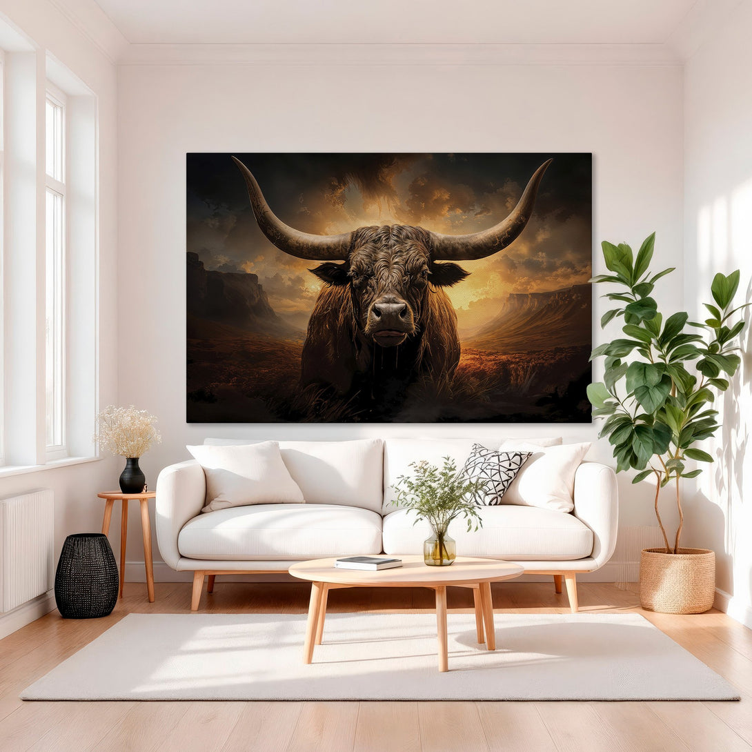 Framed Wall Art featuring a powerful bull in a dramatic, warm-toned landscape. Perfect for adding a touch of rustic elegance to your home decor.
