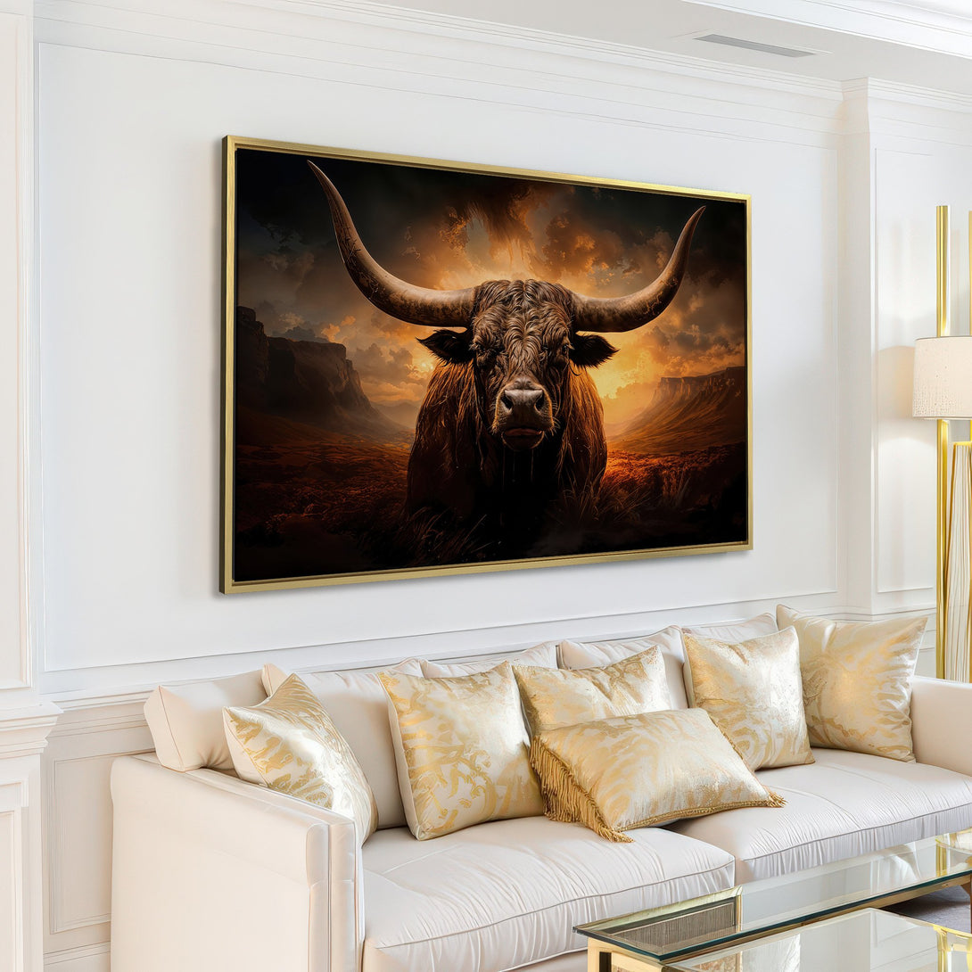 Canvas Print of a majestic bull in a dramatic, warm-toned landscape. Rustic style wall art with shades of brown, orange, and gold.