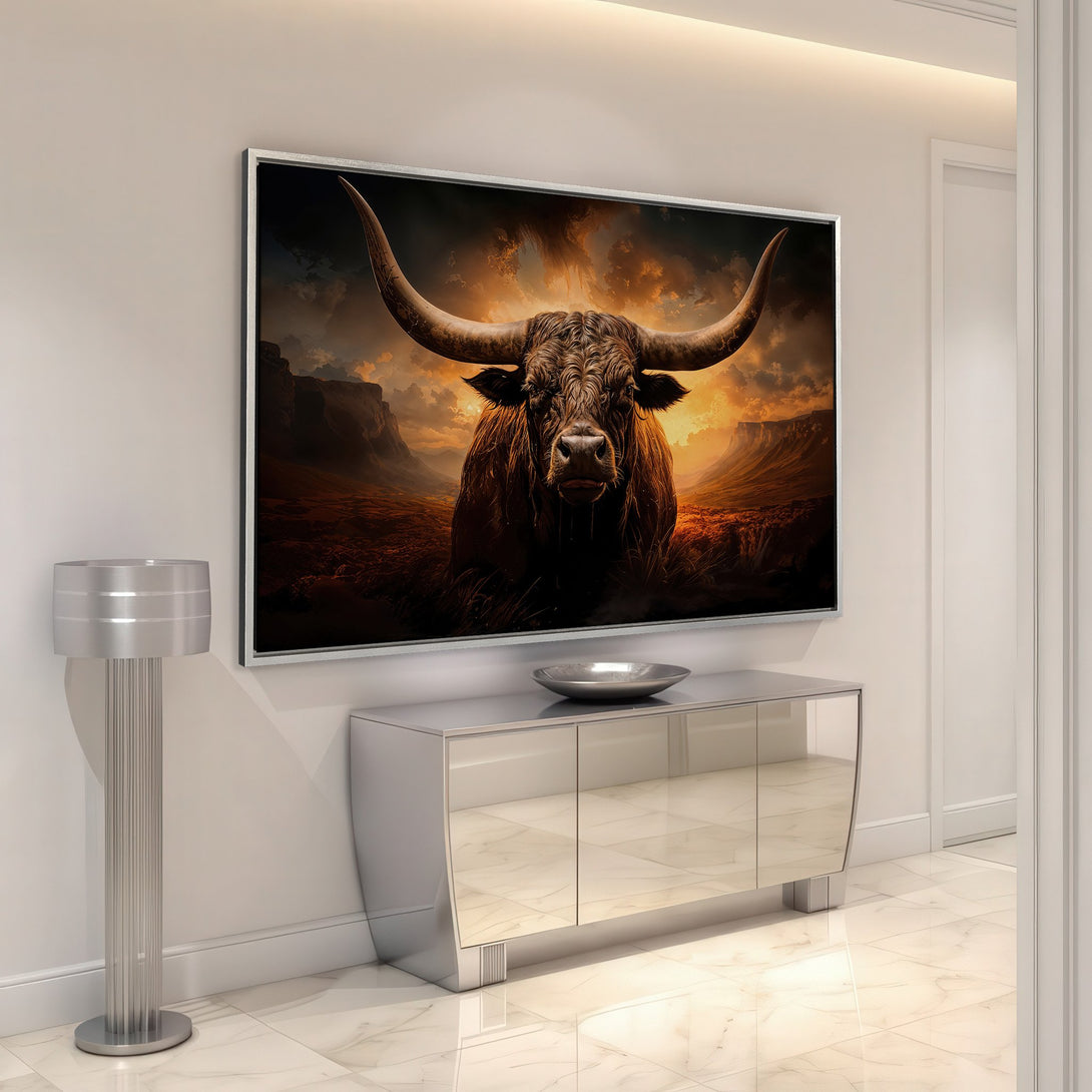 Framed Wall Art: Majestic bull in a dramatic landscape. Earthy color palette with warm tones. Perfect statement piece for modern home decor.