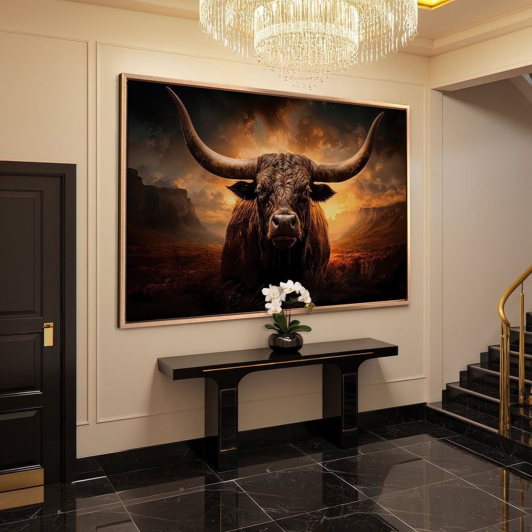 Framed Wall Art: Powerful bull canvas print in warm orange tones. Dramatic wildlife art for a bold interior statement.