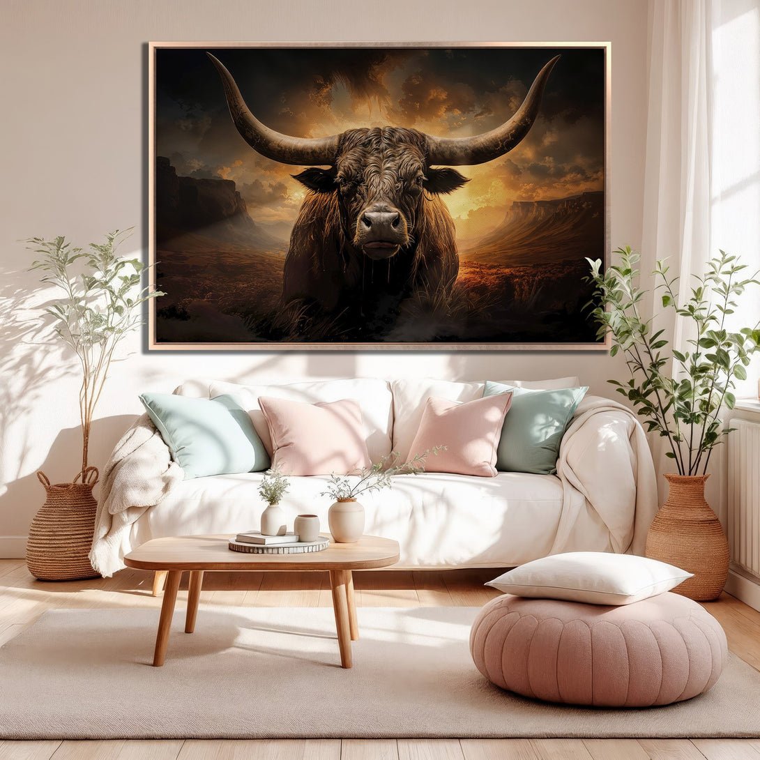 Framed Wall Art: Majestic bull canvas print with warm earth tones and dramatic sky. Rustic style art perfect for living room or office decor.