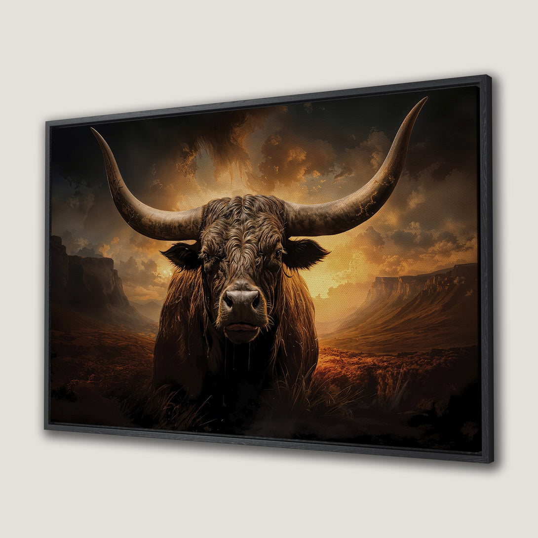 Framed Wall Art: Majestic bull Canvas Print in warm earth tones. Rustic art for your home. Western-inspired decor with a bold, dramatic look.