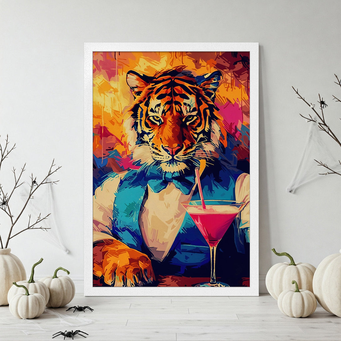 Framed Poster of a tiger drinking a cocktail, pop art style with orange, blue and pink color palette. Unique wall art.