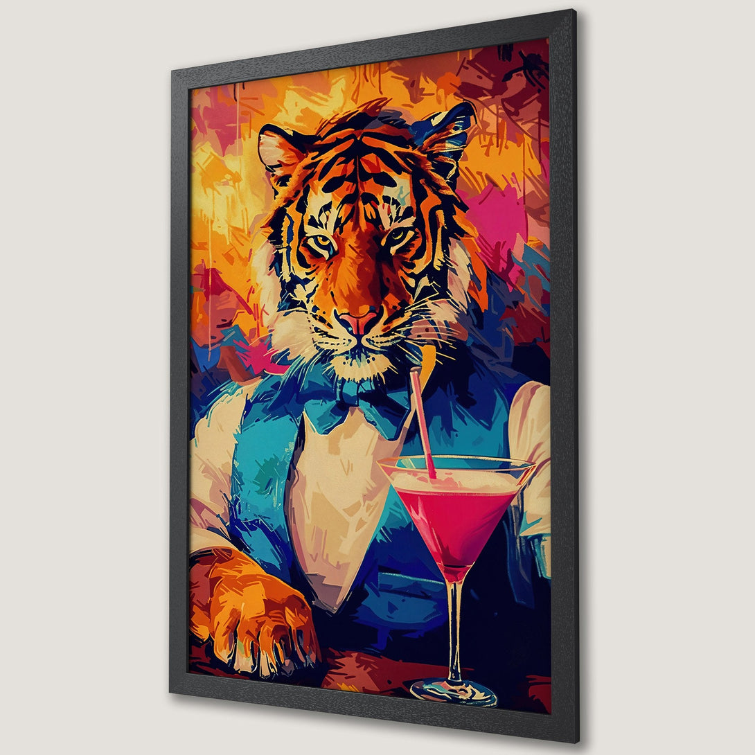 Framed Poster featuring a tiger in a suit with a cocktail, vibrant pop art style in orange, blue, and pink color palette. Add a touch of fun to your space!