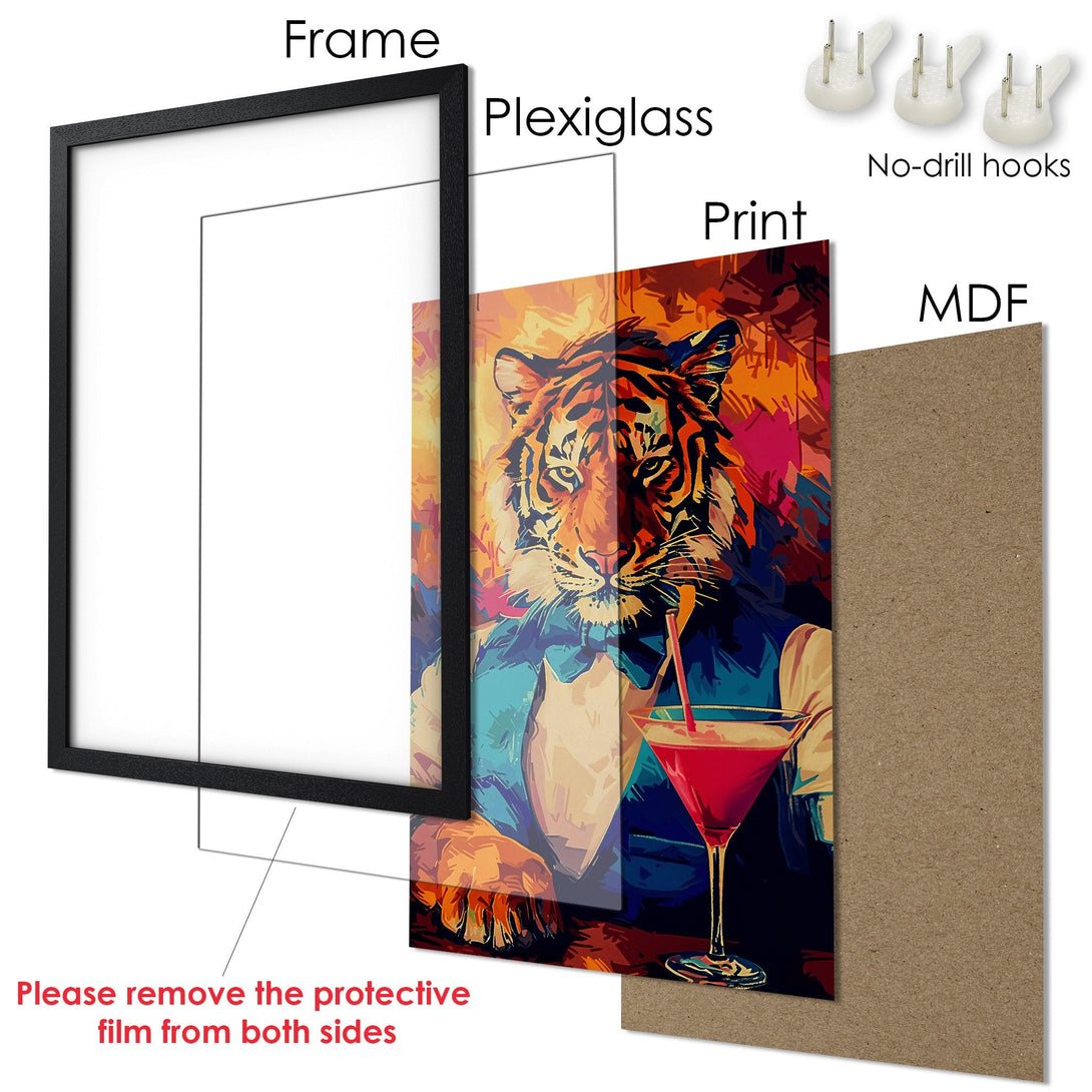 Framed Poster featuring a tiger with a cocktail, pop art style, vibrant orange, red, and blue color palette. Ready to hang!