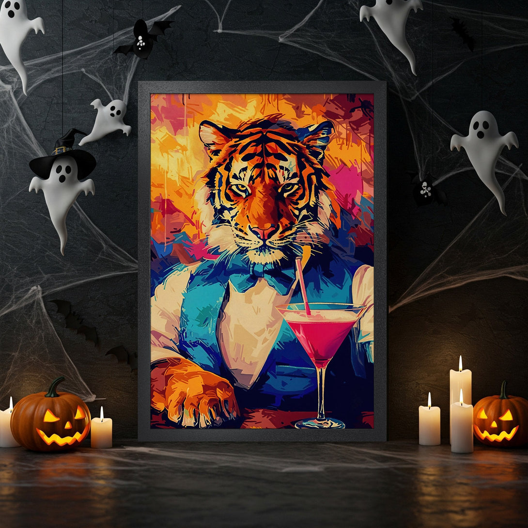 Framed Poster featuring a tiger enjoying a cocktail, vibrant pop art style with orange, blue, and pink hues. Perfect Halloween decor!