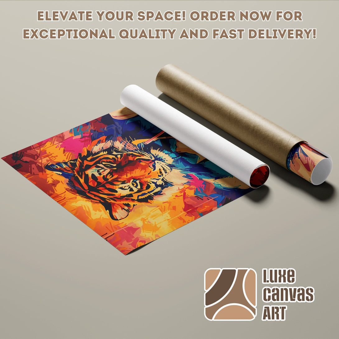 Abstract tiger poster roll in vibrant colors. Elevate your space with this stunning art piece! Order now!