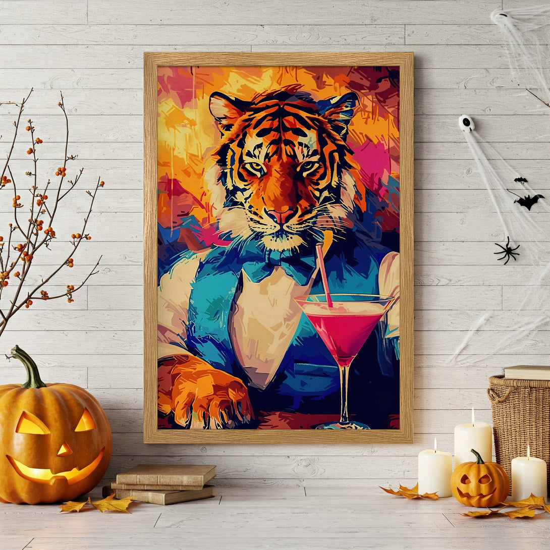 Framed Poster featuring a tiger in a suit with a cocktail, pop art style, vibrant orange, blue, and pink color palette. Perfect Halloween decor!