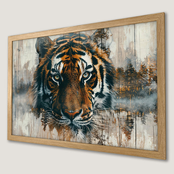 Framed Poster featuring a majestic tiger portrait in a painterly style with warm orange and neutral tones.