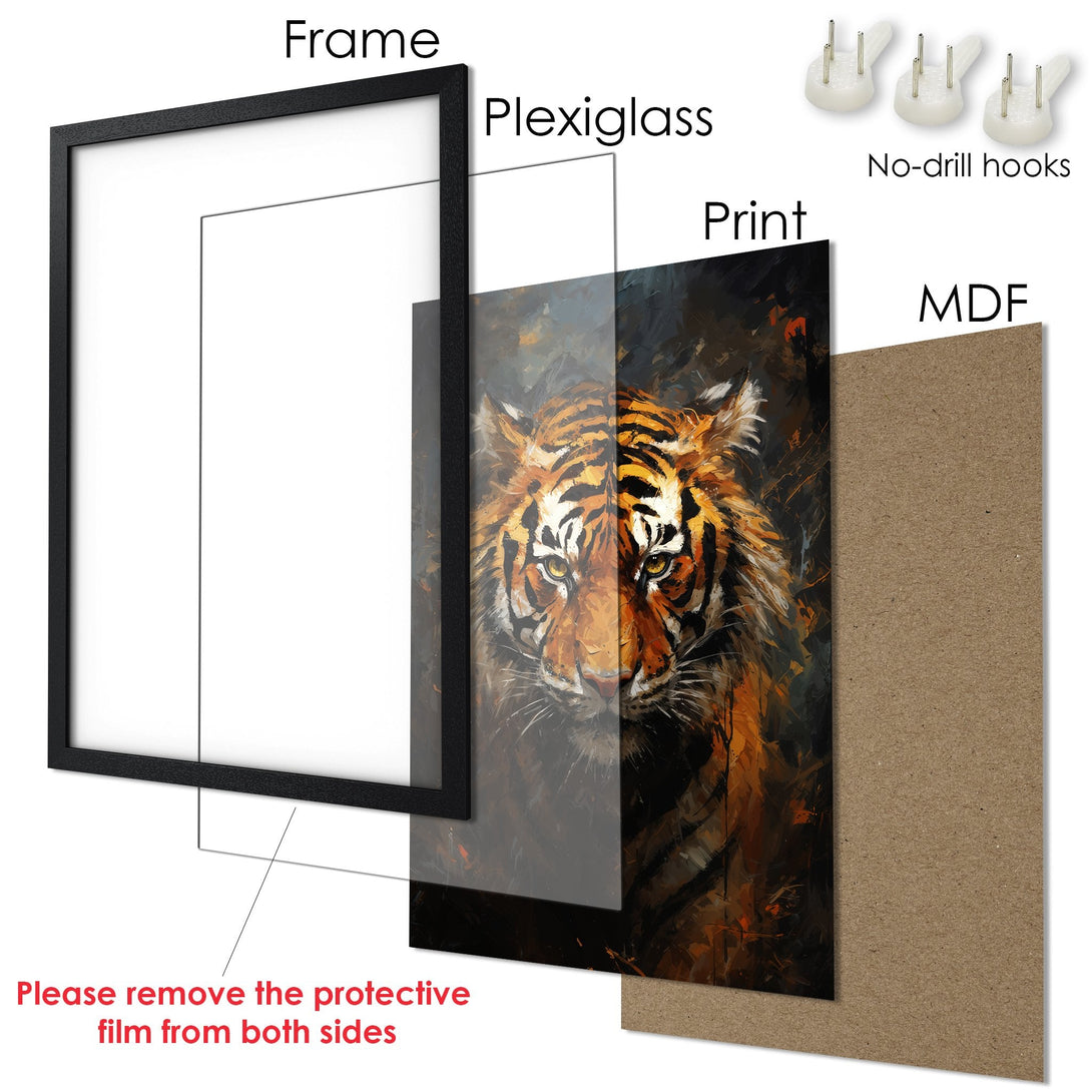 Framed Poster of a tiger in an expressive, painterly style with warm orange and brown tones. Ready to hang art!