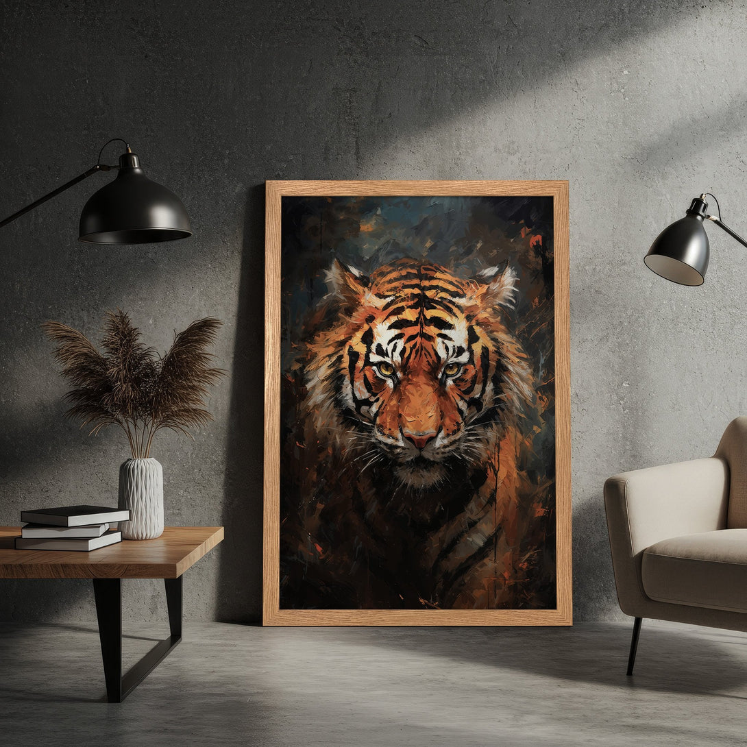 Framed Poster featuring a striking tiger portrait in an expressive, painterly style with warm orange and dark blue tones. Enhance your space with this art.