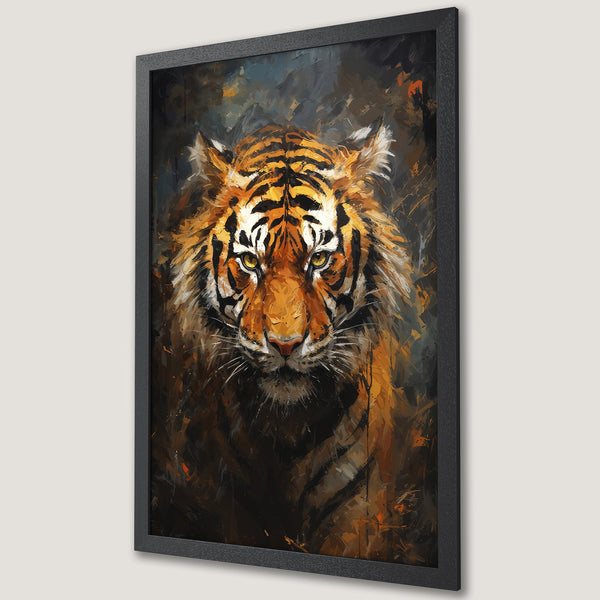 Framed Poster of a majestic tiger in an expressive, abstract painting style with warm orange and dark brown tones. Perfect wall art!