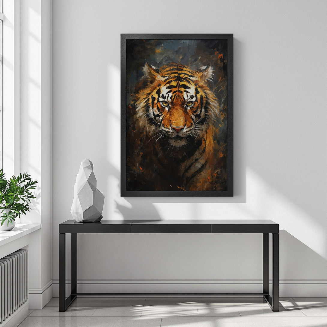 Framed Poster featuring a majestic tiger in a dark, painterly style with warm orange and brown tones. Add a touch of wild to your decor!