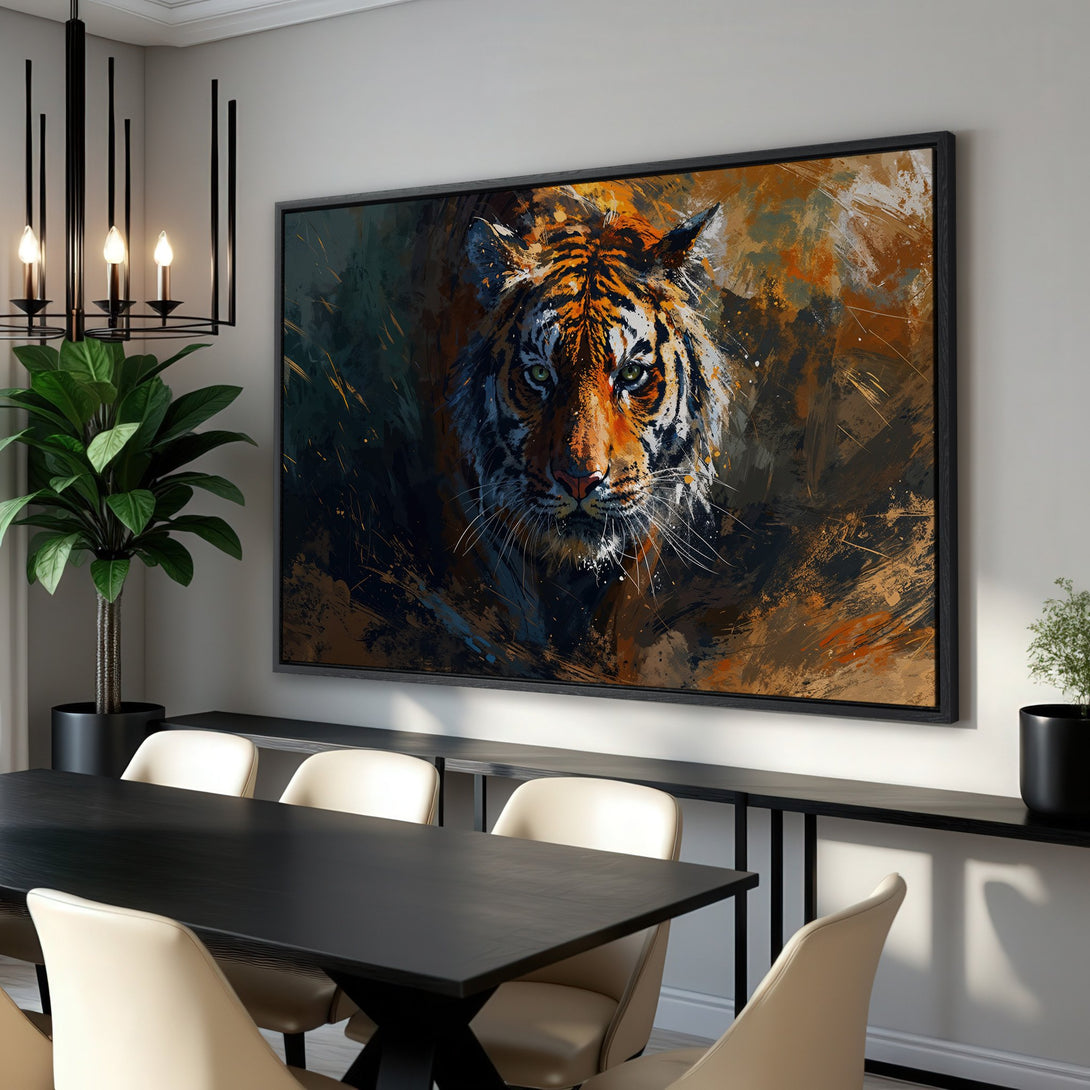 Framed Wall Art: Fierce tiger portrait in warm orange and brown tones, modern abstract style. Perfect for adding a touch of wild elegance to any space.