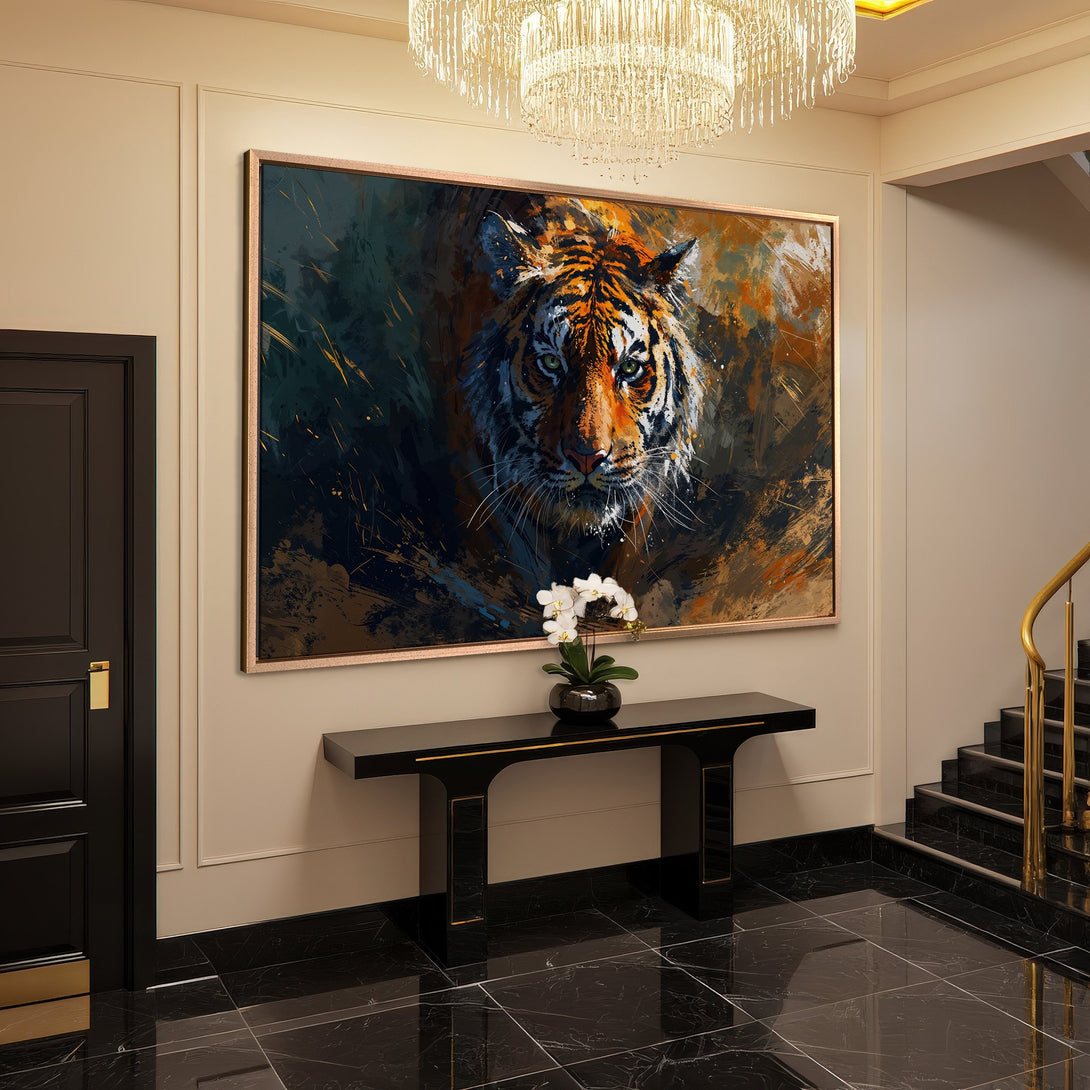 Framed Wall Art: Fierce tiger portrait in abstract style. Earthy tones with orange and dark blue. Elevate your space with this stunning Canvas Print!