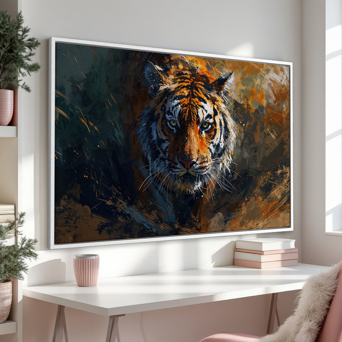 Framed Wall Art: Majestic tiger portrait in bold, expressive style with orange, brown, and dark teal tones. Elevate your space with this captivating canvas print!