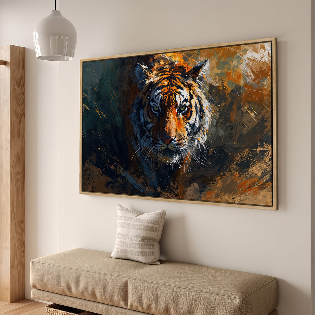 Framed Wall Art Canvas Print of a majestic tiger. Abstract style, featuring orange, brown, and green hues. Perfect for modern home decor.