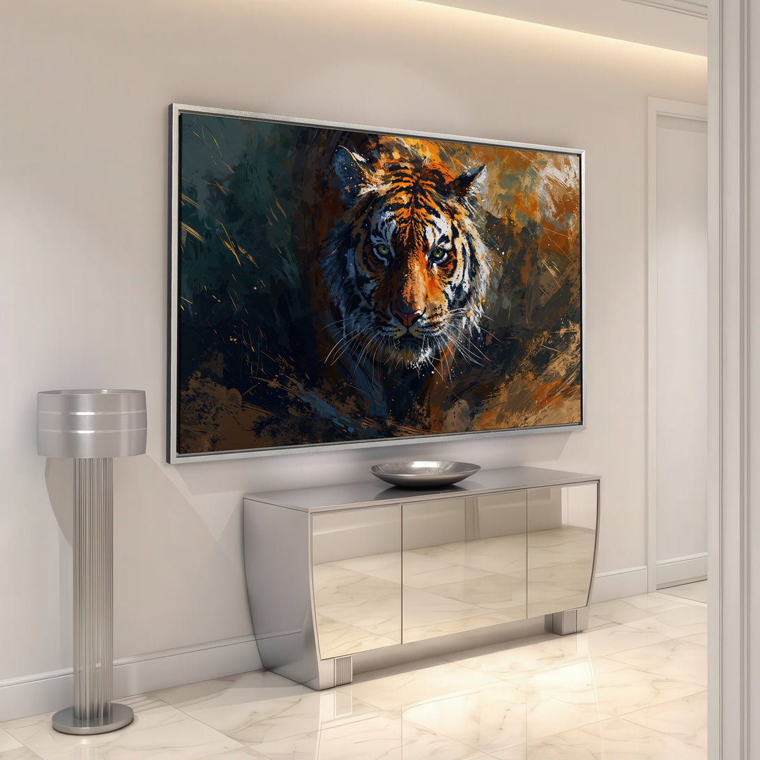 Framed Wall Art featuring a striking tiger portrait in a modern, abstract style. Rich orange, brown, and green color palette adds a bold statement to any interior.