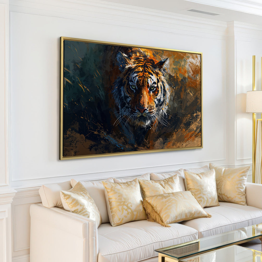 Canvas Print of a majestic tiger painting in a modern living room. Bold, expressive style with orange, brown, and green hues. Perfect wall art!