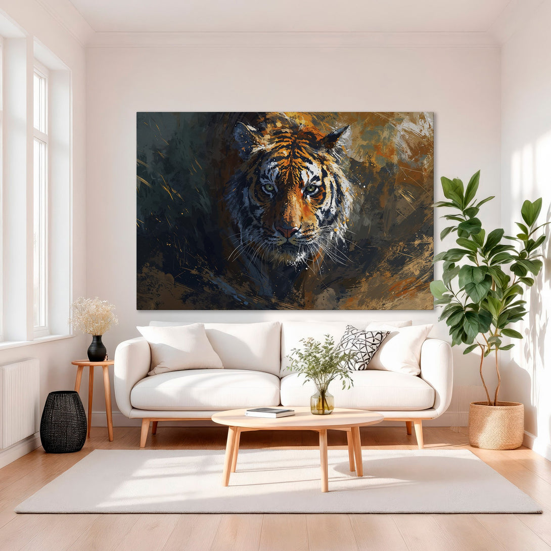 Framed Wall Art: Majestic tiger portrait in abstract style, featuring orange, gold, and dark green hues. Elevate your space with this stunning canvas print.
