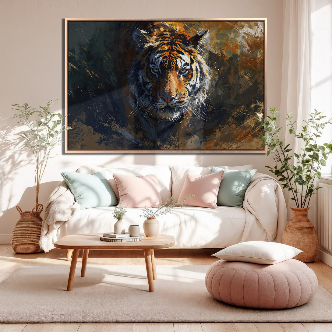 Framed Wall Art featuring a majestic tiger in an abstract style. Warm orange, brown, and dark blue tones create a striking focal point for any room.