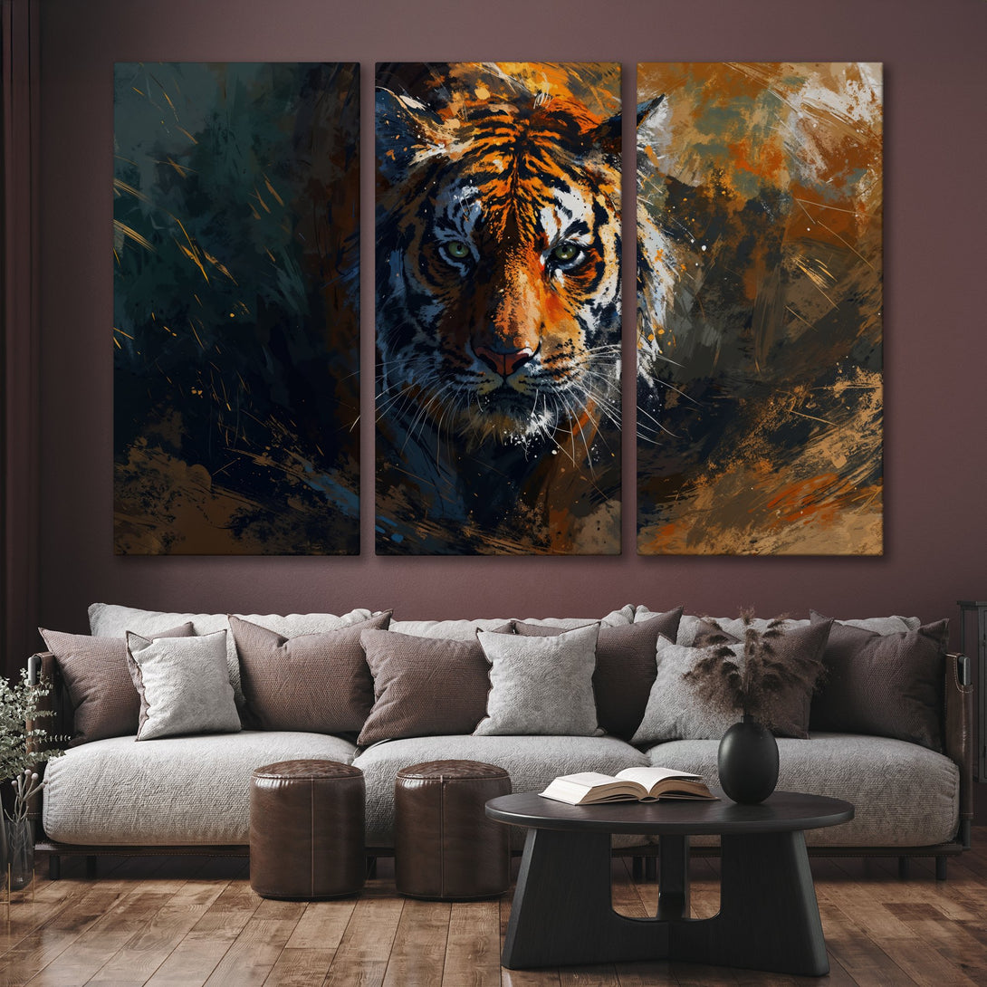 Abstract tiger Canvas Print in warm orange and brown tones, perfect for adding a bold statement to your living room decor.