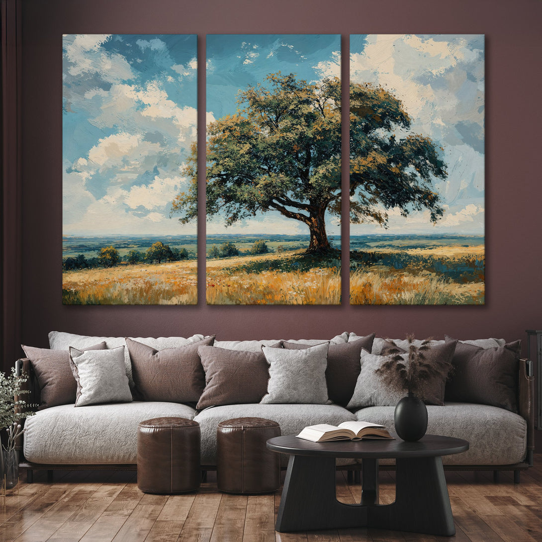 Canvas Print of a majestic tree in a landscape, impressionist style, with a warm, earthy color palette.