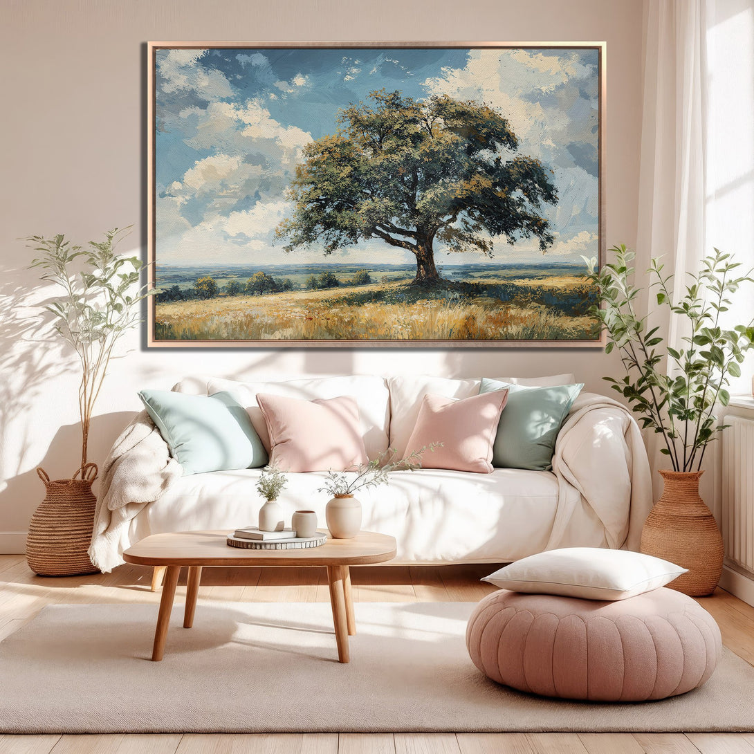 Framed Wall Art of a majestic tree landscape in a painterly style. Soft blue, green, and gold hues create a calming, inviting atmosphere. Perfect for any home!