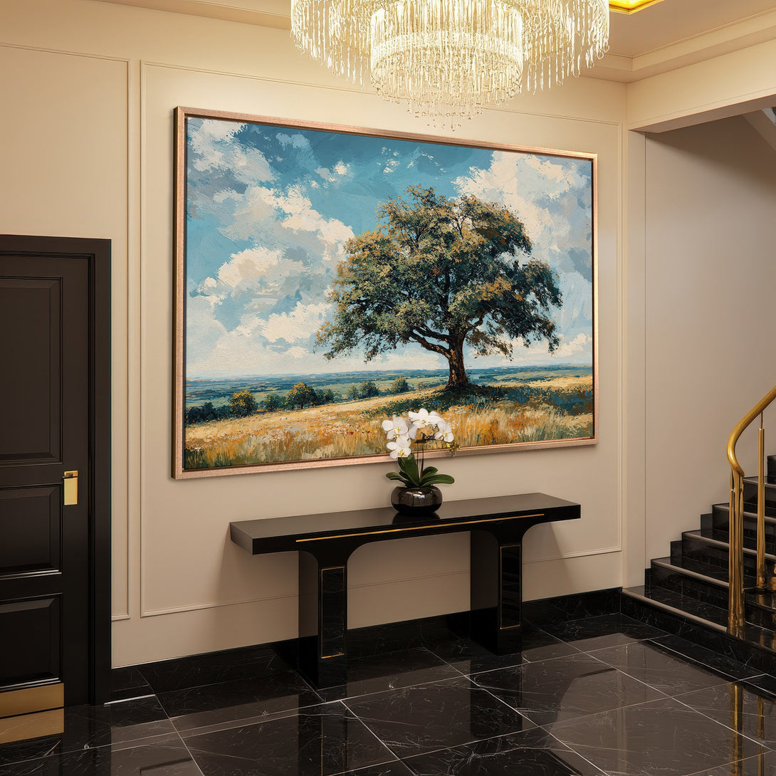 Framed Wall Art: Landscape painting with a tree in a field, blue sky. Earthy tones and impressionistic style for elegant home decor.