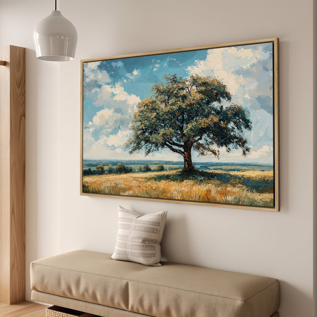 Framed Wall Art: Impressionist landscape Canvas Print of a tree in a field, featuring blue, green, and gold color palette. Perfect for home decor!