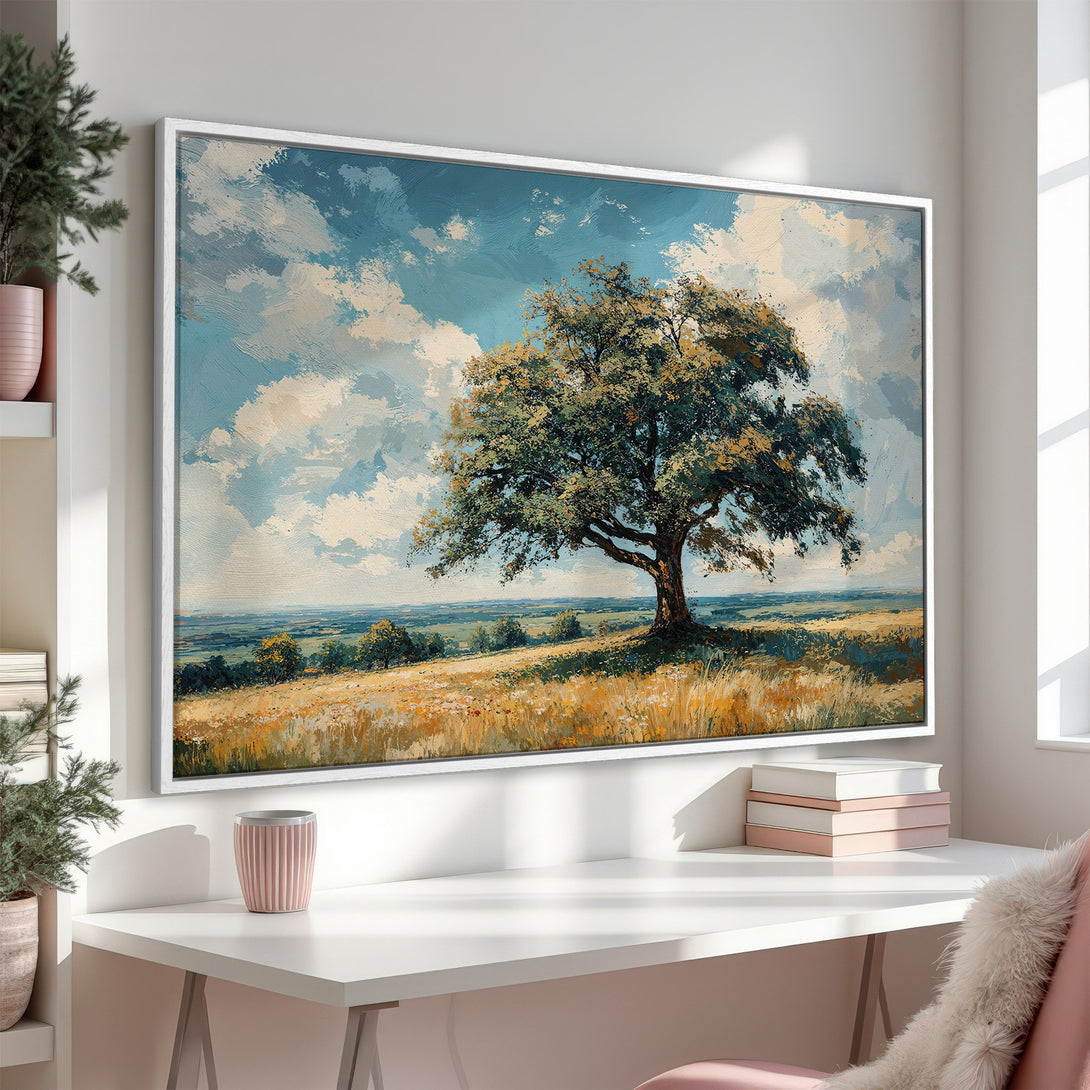 Framed Wall Art: Impressionist landscape painting of a tree in a field. Blue, yellow, and green color palette. Perfect for adding art to your home.