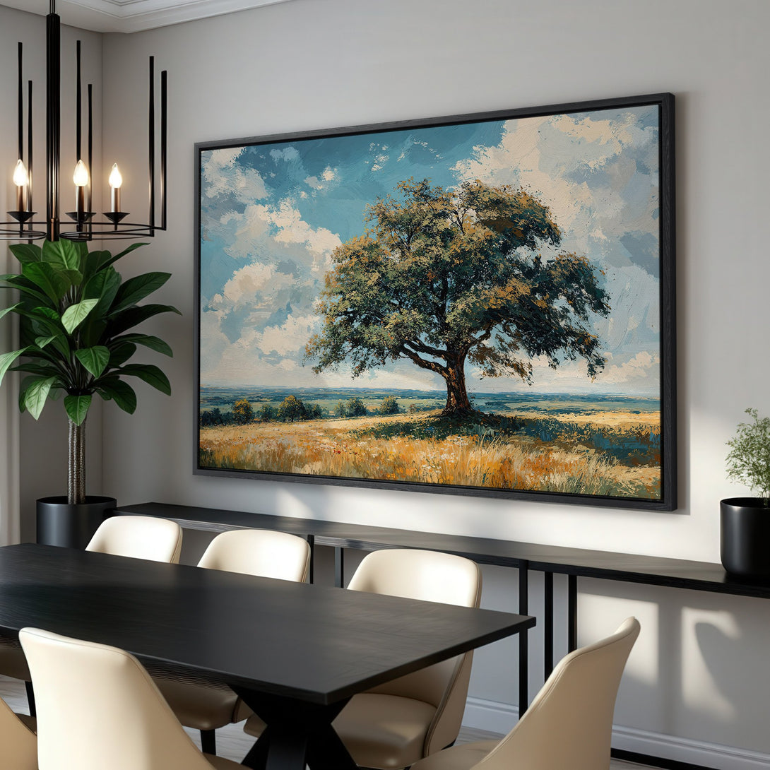 Framed Wall Art of a majestic tree in a field. Impressionistic style with blue, gold, and green color palette. Perfect for dining room decor.