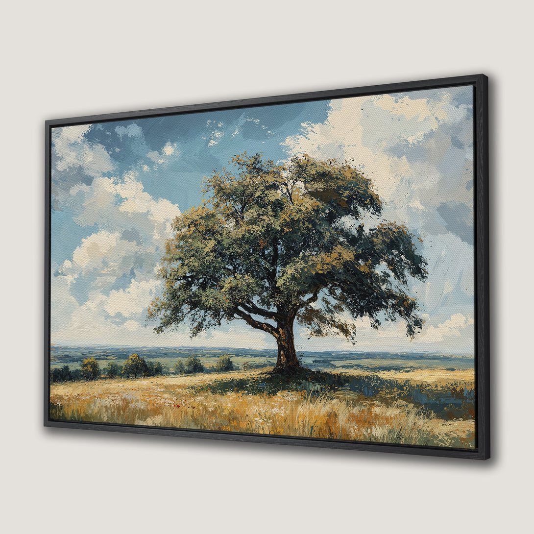 Framed Wall Art: Landscape Canvas Print featuring a large tree in a field, painted in a rustic style with a warm, earthy color palette. Perfect for home decor.