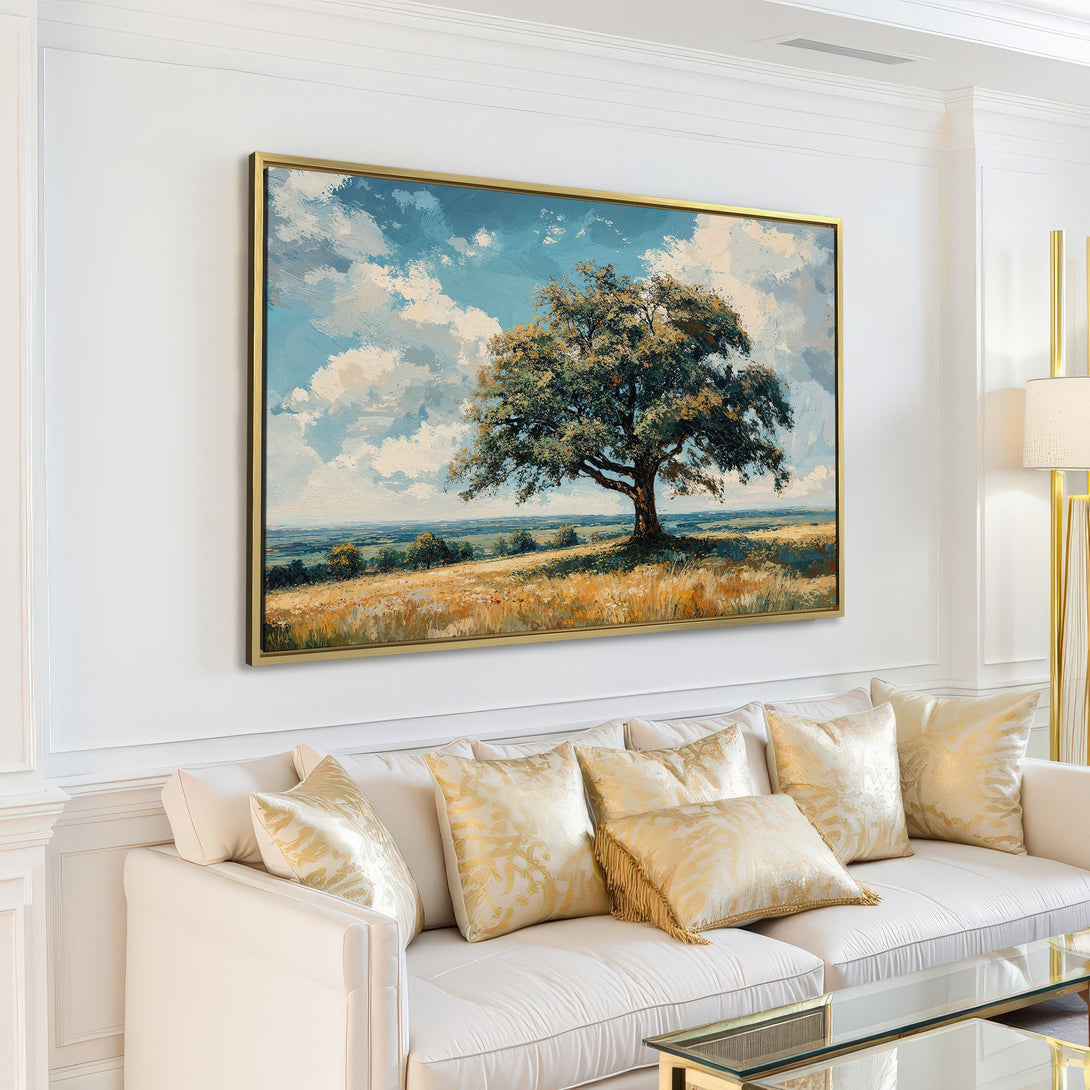 Canvas Print of a serene landscape with a large tree, painted in a soft, impressionistic style with blue, green, and gold tones, displayed in a modern living room.