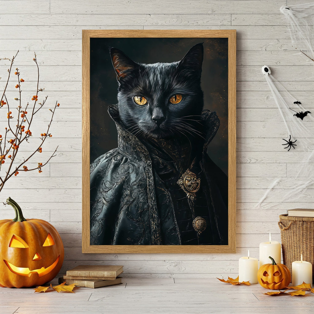 Framed Poster: Regal black cat portrait, gothic style, dark & gold color palette. Perfect Halloween decor!
