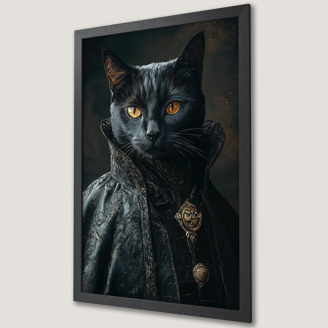Framed Poster featuring a regal black cat in ornate attire. Dark, moody tones with gold accents. Perfect gothic art for your home.