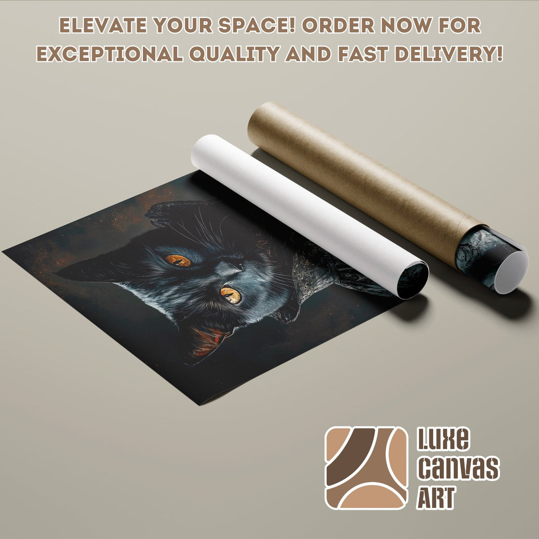 Poster Roll featuring a black cat portrait, dark and moody style, with a warm color palette.