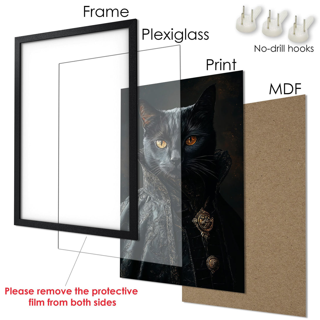 Framed Poster featuring a regal cat in dark tones with gold accents. Perfect wall art for a stylish home!