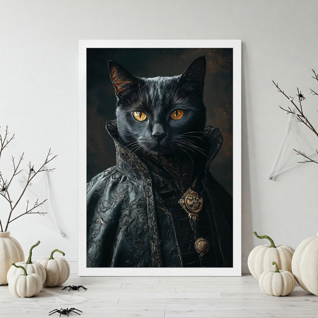 Framed Poster of a regal black cat in dark attire. Gothic style, featuring a black and gold color palette. Perfect Halloween decor!