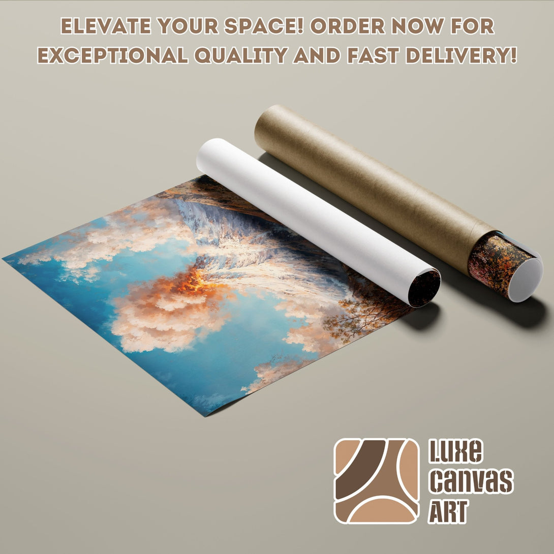 Poster Roll featuring a mountain landscape art print in a blue, orange, and brown color palette. Elevate your space with Luxe Canvas Art!