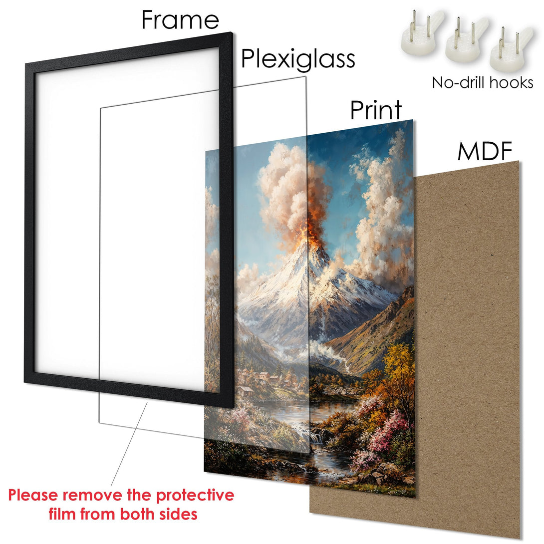 Framed Poster of a mountain landscape in a classic style, featuring a vibrant color palette. Ready to hang!